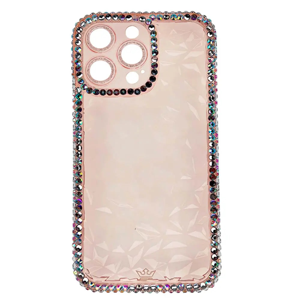 Estuche El Rey Marco para iPhone 14 Pro Max con diamantes transparentes y bordes rosados.