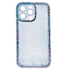 Estuche transparente con diamantes celestes para iPhone 14 Pro Max.