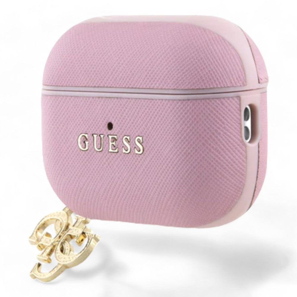 Estuche guess silicon airpods pro 2 saffiano leather pink with 4g charm color rosado