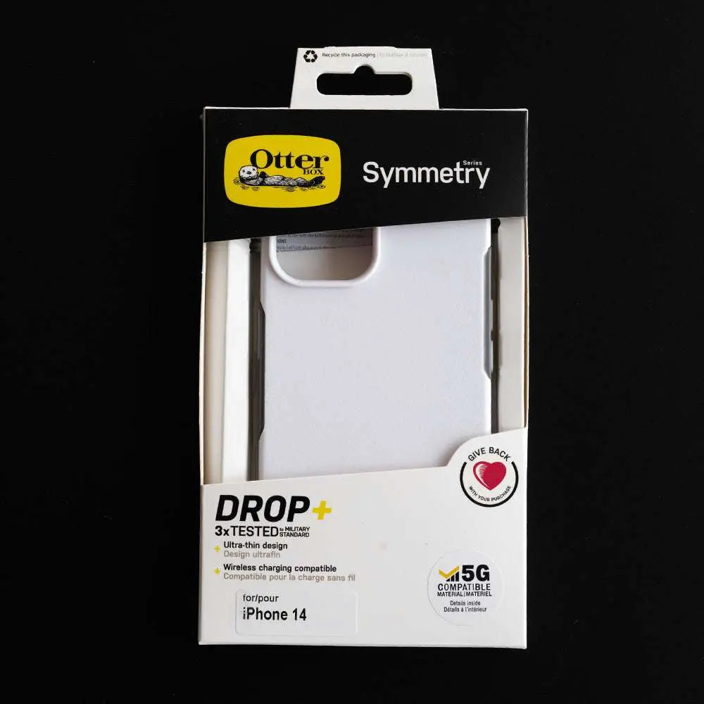 estuche clásico OtterBox Symmetry blanco para Apple iPhone 14 en empaque