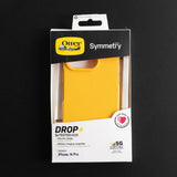 Estuche clásico amarillo OtterBox Symmetry para iPhone 14 Pro en empaque.