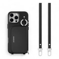 Estuche Switcheasy wallet para iPhone 16 Pro en negro con soporte y almacenamiento.