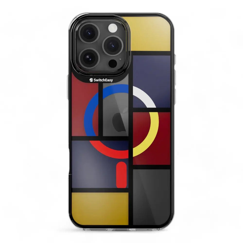 Funda Switcheasy Artist iPhone 16 Pro multicolor con diseño 3D estilo Mondrian.