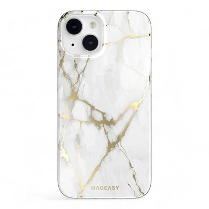 Estuche Switcheasy Marble M para iPhone 14 Plus en color blanco champagne, diseño de mármol elegante.