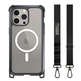 Estuche Switcheasy Odyssey iPhone 15 Pro negro con correa de cuero.