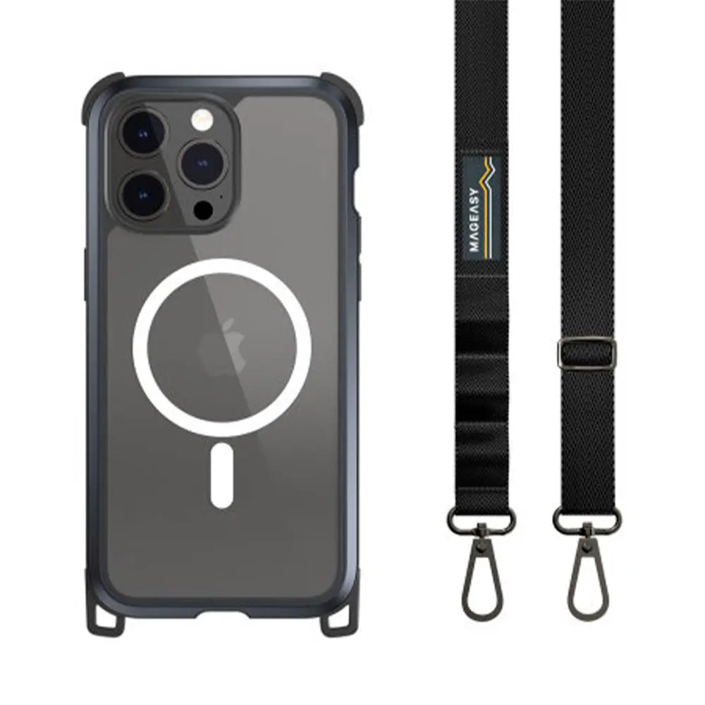 Estuche Switcheasy Odyssey para iPhone 15 Pro Ultra con correa de metal negra.