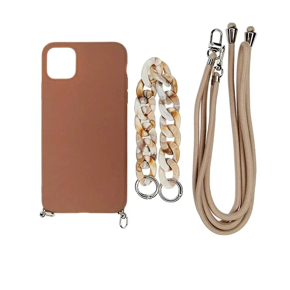 Estuche El Rey para iPhone 11 con correa de mano y hombro en beige.