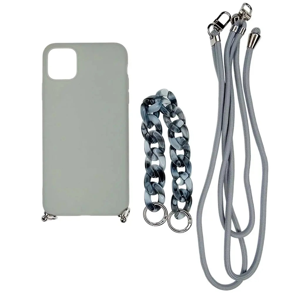 Estuche El Rey con correa para iPhone 12 Pro en color gris con strap de mano y hombro.