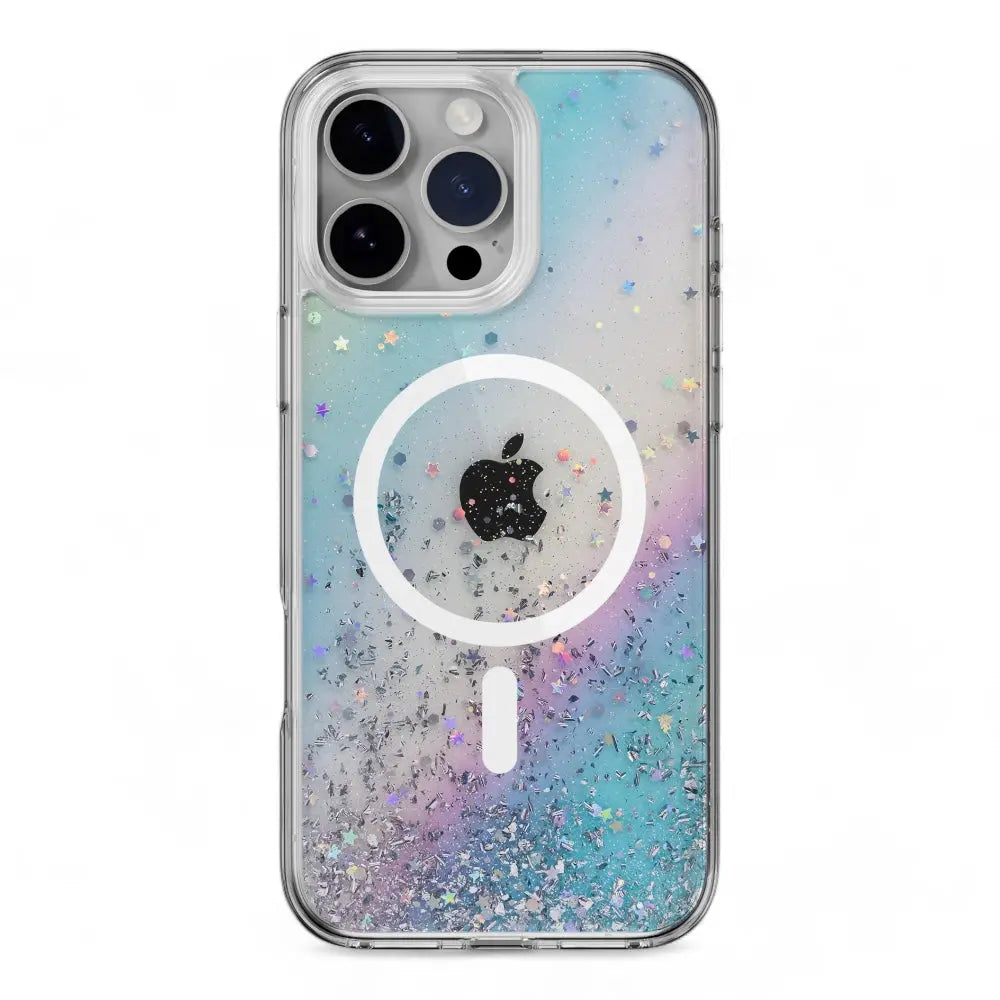 Estuche Switcheasy Starfield para iPhone 16 Pro, diseño galáctico 3D con purpurina multicolor, shockproof.