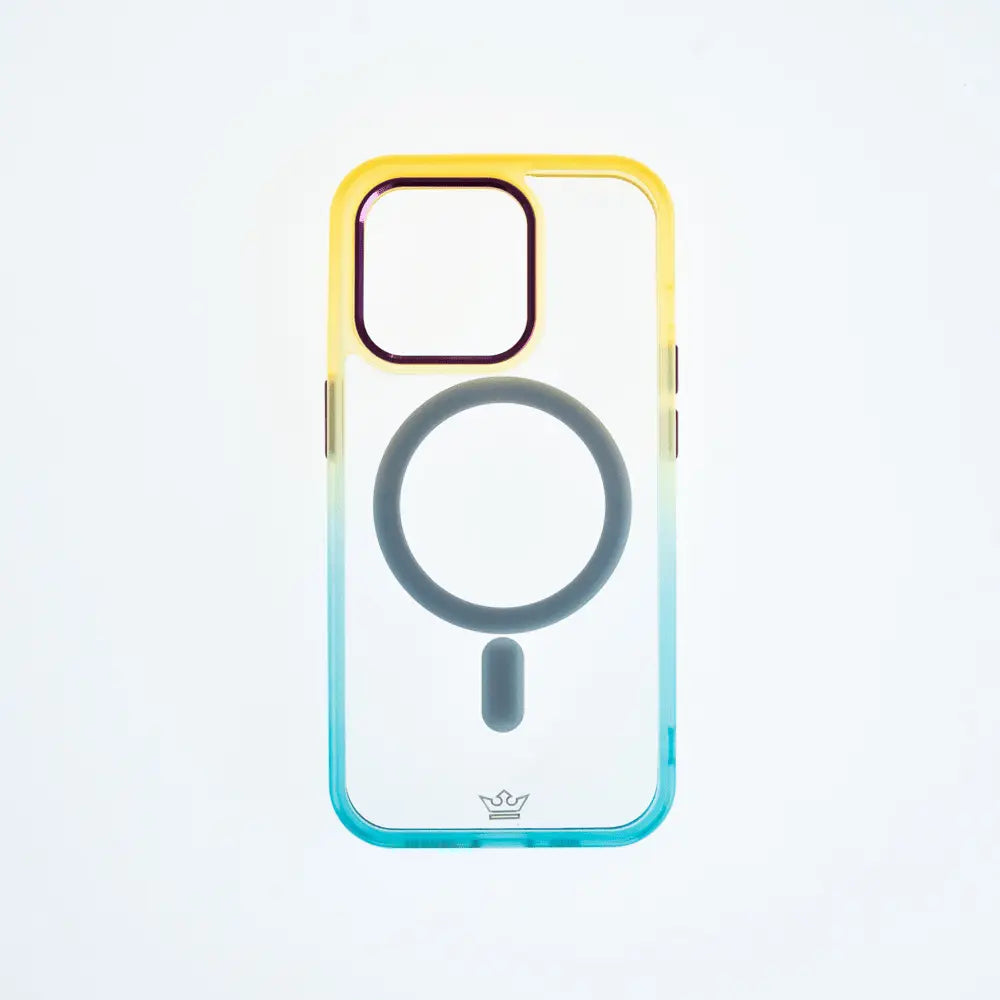 Magsafe case for iPhone 14 with yellow and turquoise gradient design.