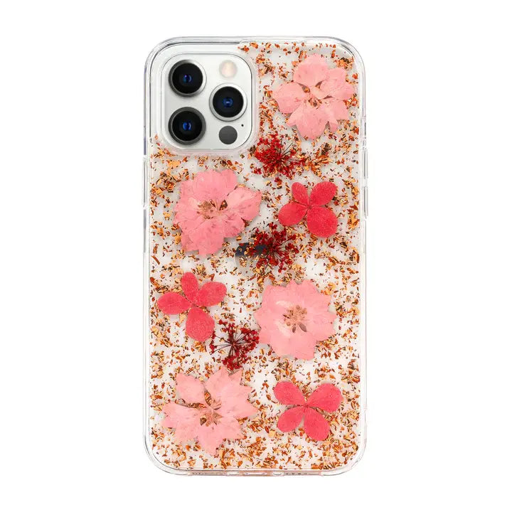 Estuche clásico Switcheasy Flash para iPhone 11 Pro Max con diseño floral rosa y dorado.