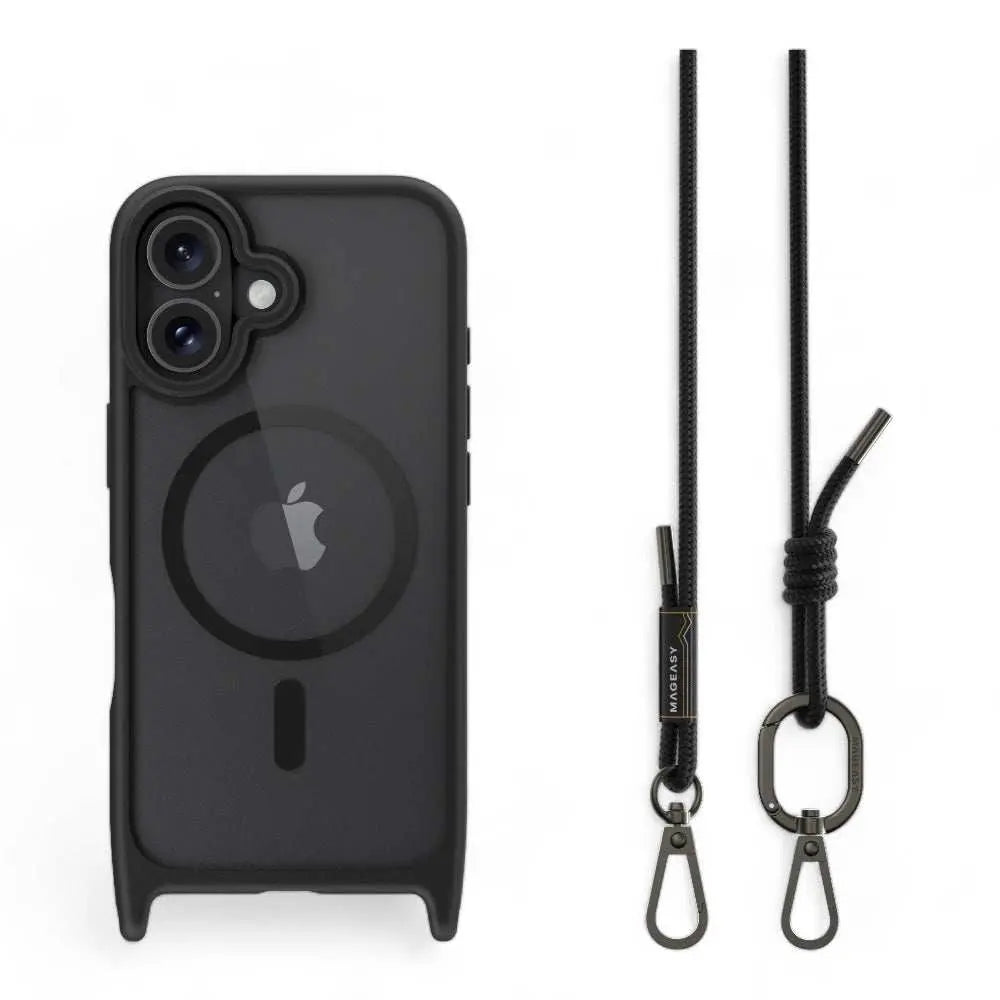 Funda protectora Switcheasy Roam para iPhone 16 con cordón negro.