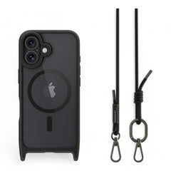 Funda protectora Switcheasy Roam para iPhone 16 con cordón negro.