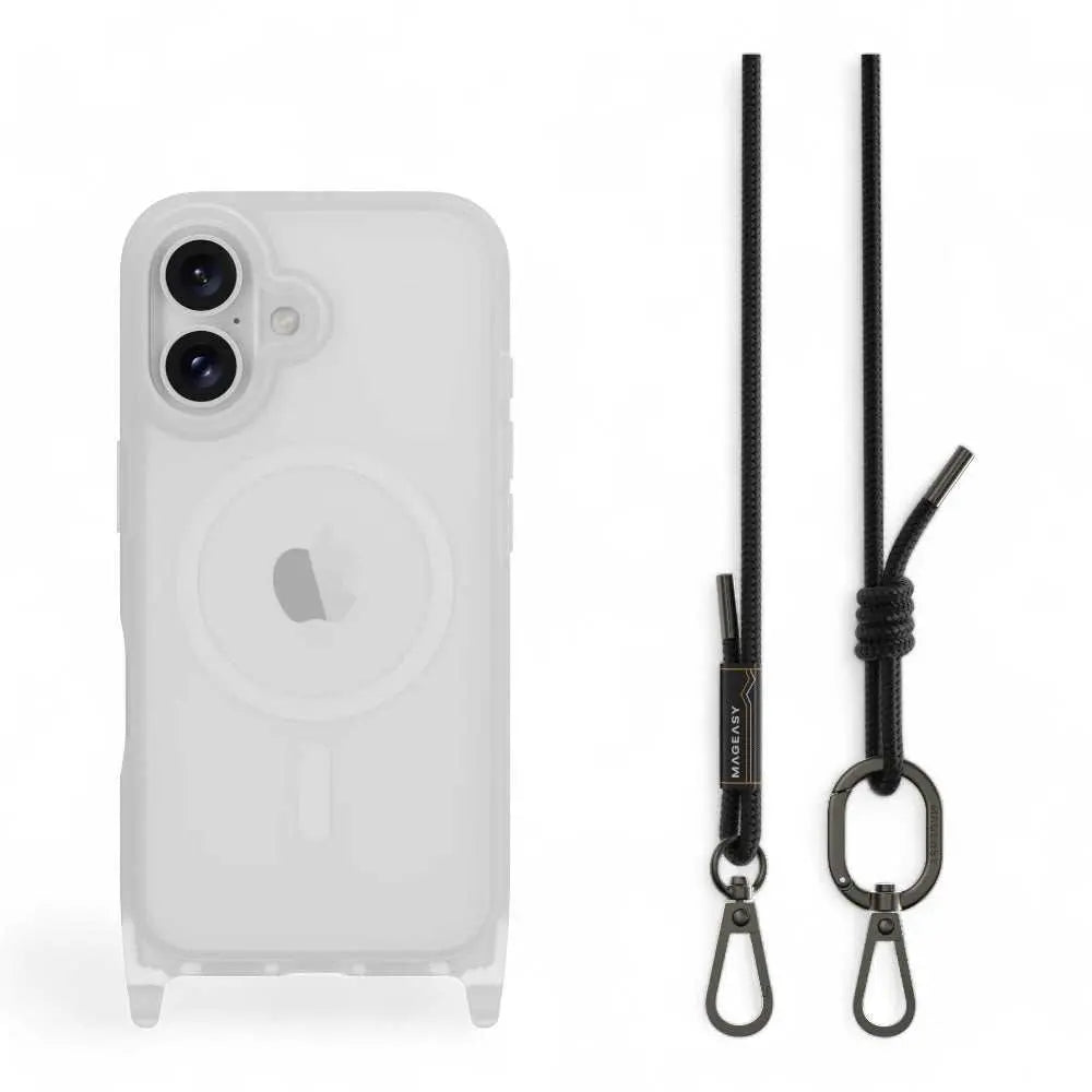 Estuche switcheasy roam negro para iPhone 16 con cordón y diseño transparente.