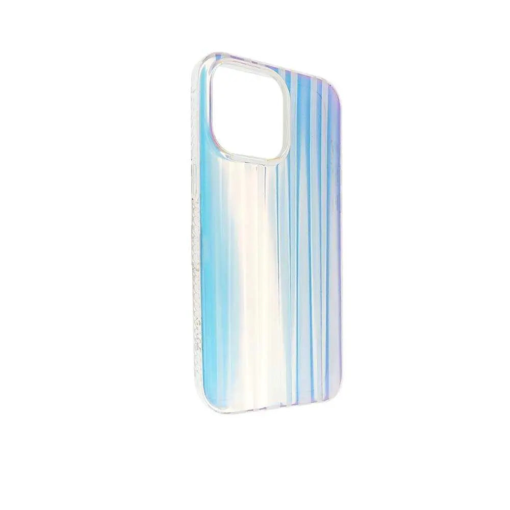 Estuche tornasol multicolor para iPhone 15 Pro Max con diseño de líneas del Rey Cosmos.