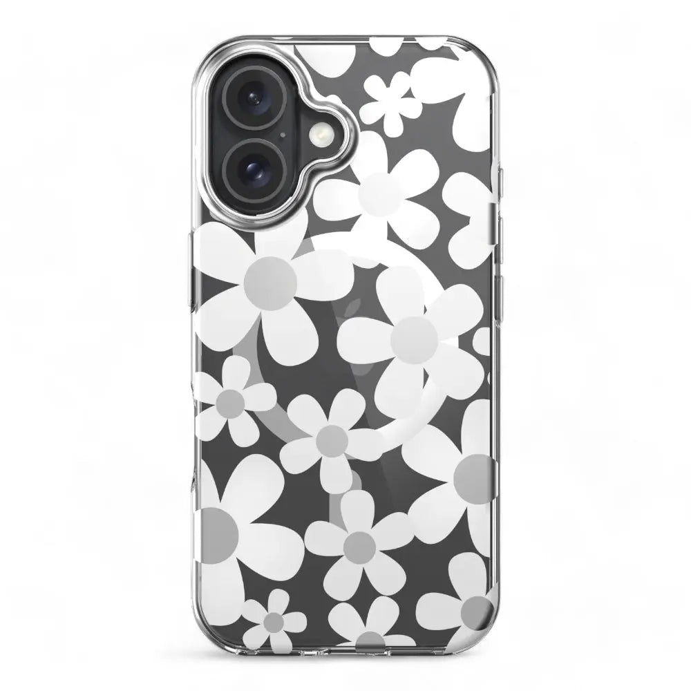 3D patterned shockproof case for iPhone 16 Plus in white, floral design.