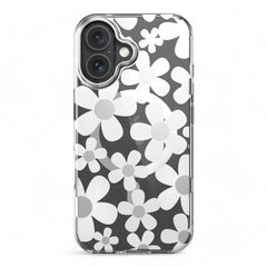 3D patterned shockproof case for iPhone 16 Plus in white, floral design.