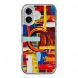 Shockproof multicolor painting style case for iPhone 16 Plus with M pattern design.