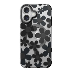 Shockproof iPhone 16 Plus 3D flower-patterned case in black with dual lens compatibility.