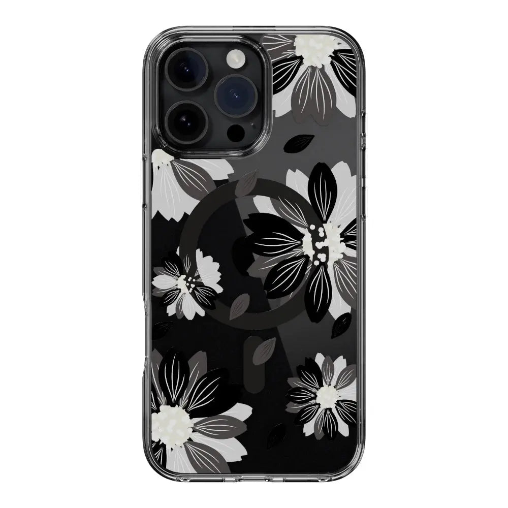 Shockproof iPhone 16 Pro case with multicolor floral design for 3 lenses in black flower color.