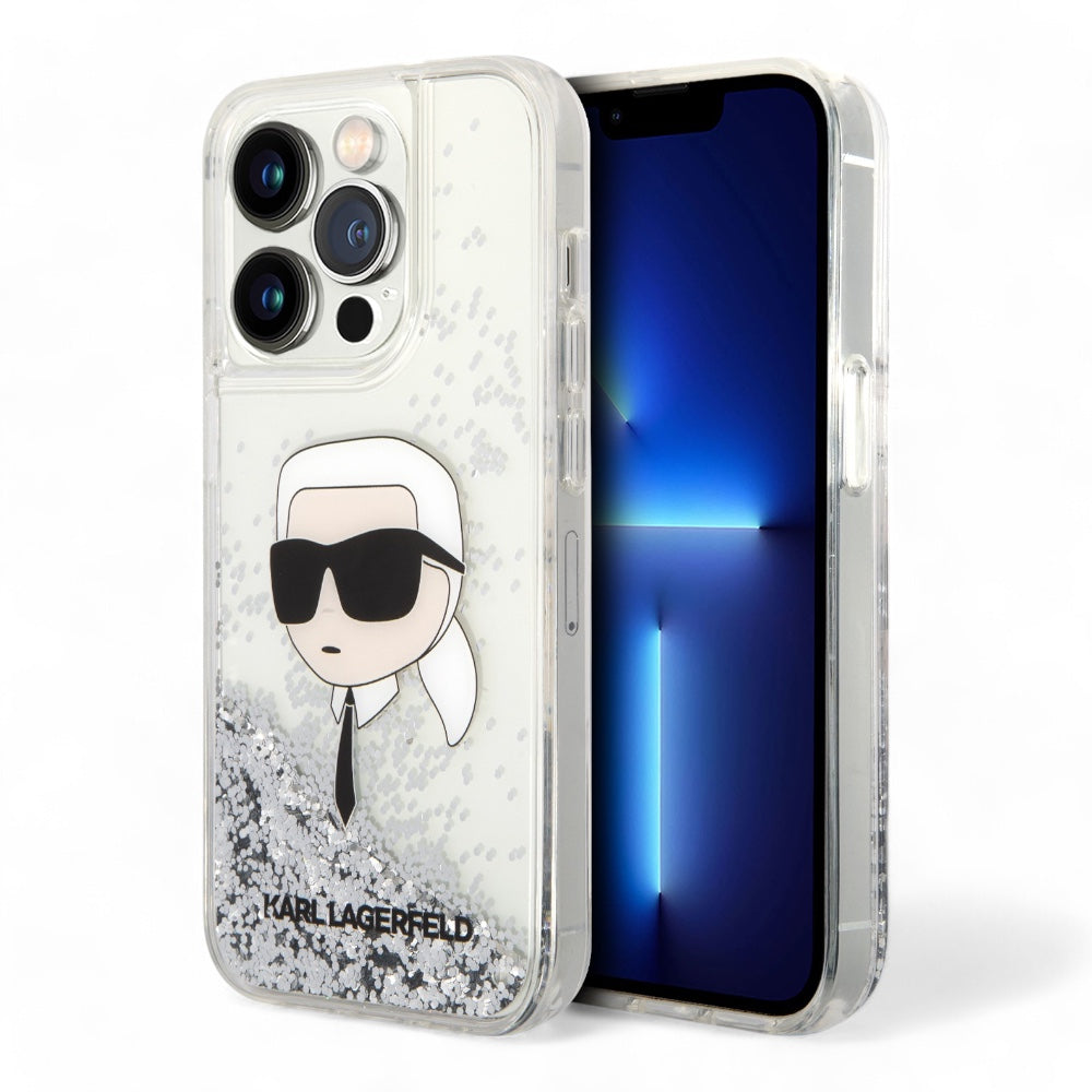 Estuche karl lagerfeld hc liq. glitter nft k.head silver iphone 15 pro max color gris