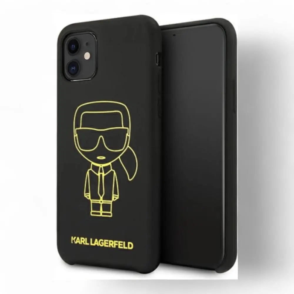 Estuche Karl Lagerfeld de silicona negra con contorno amarillo para iPhone 11, elegante y protector.