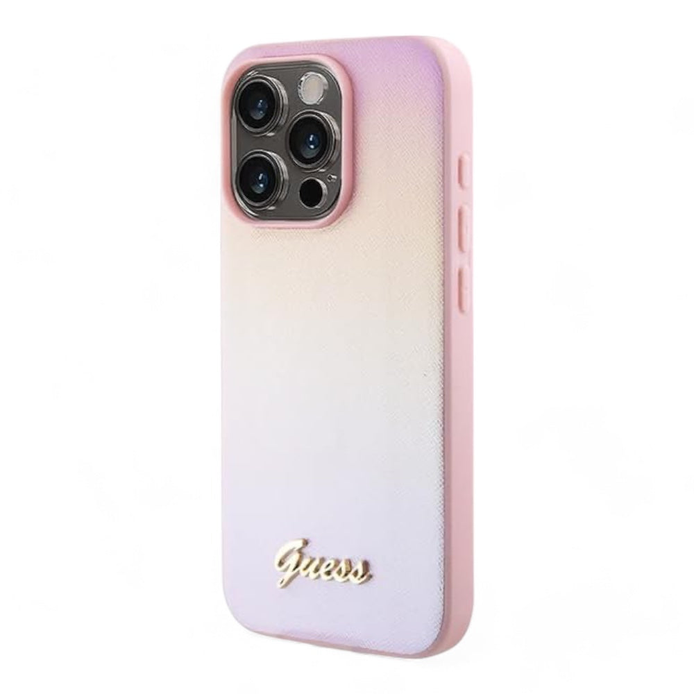 Estuche guess pu saffiano iridescent script iphone 15 pro max color rosado