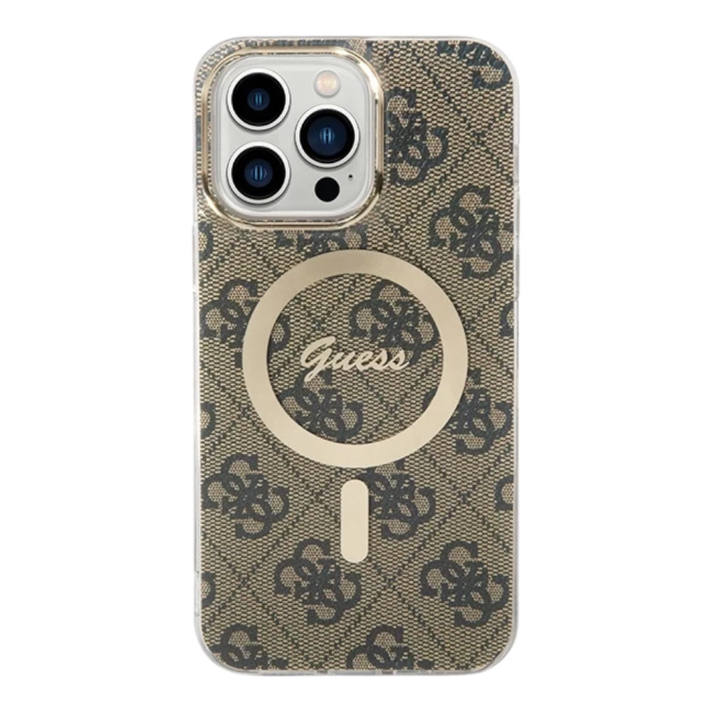 Estuche Guess HC MagSafe IML 4G marrón para iPhone 15 Pro Max, diseño elegante y protección robusta.