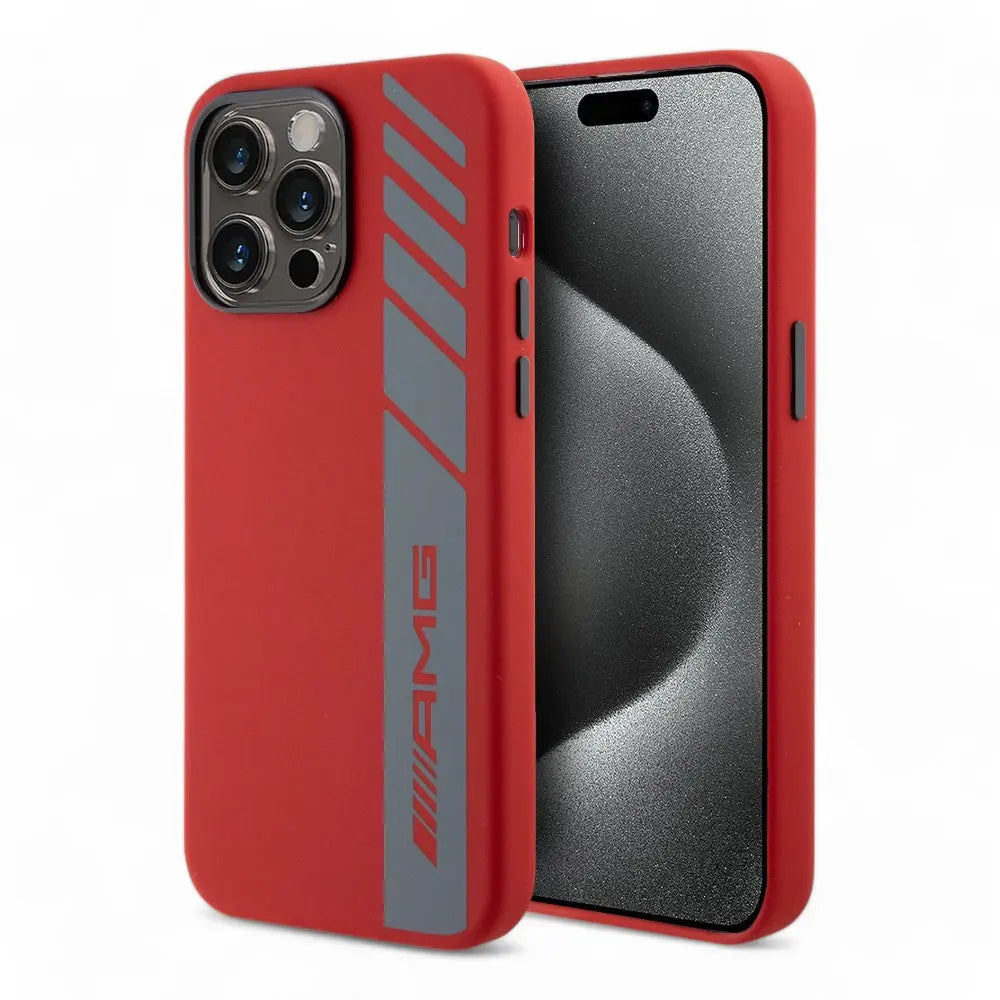 Estuche de silicona rojo AMg MagSafe para iPhone 15 Pro Max con patrón de logo vertical.