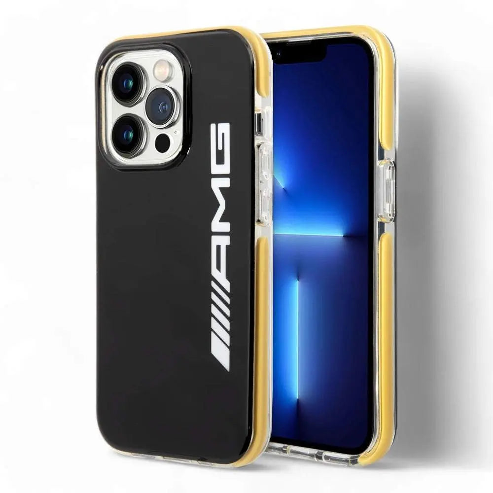 Estuche AMG HC negro con detalles amarillos para iPhone 14 Pro Max.