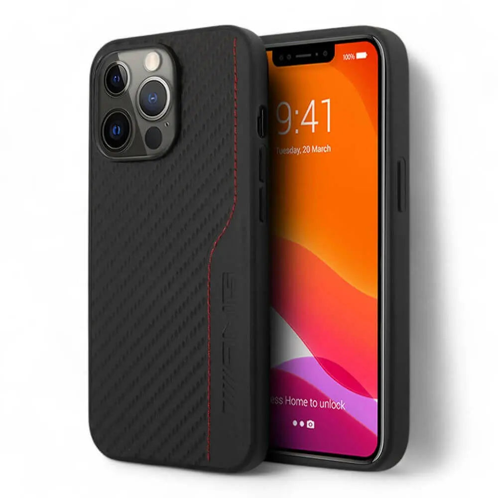 Estuche Amg  Hc Pu Carbon & Leather & Red Stitching Iphone 14 Pro Max Color Negro- MUNDO ACCESORIOS.