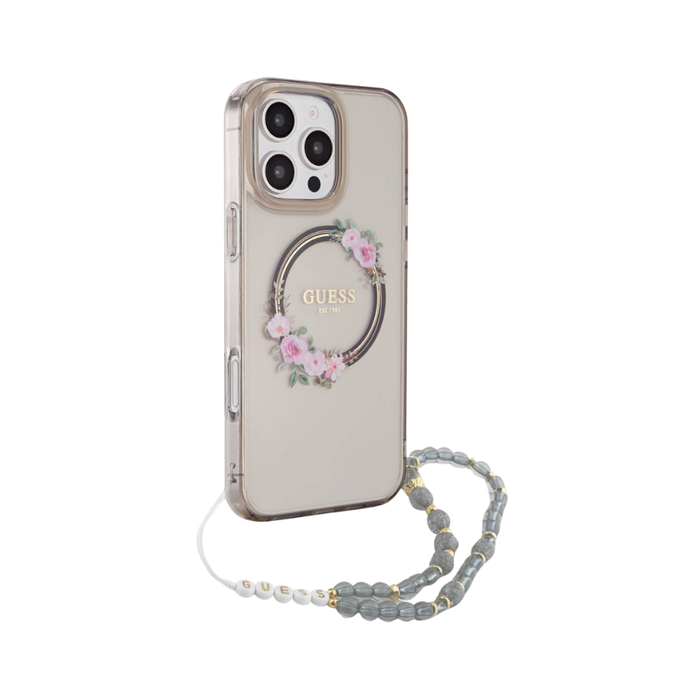 Guess hc magsafe grained pu w/flower charm strap pink iphone 16 pro