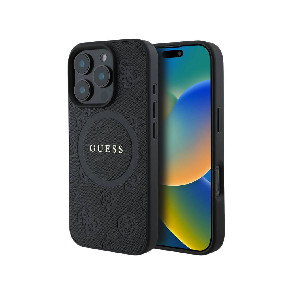 Guess hc magsafe saffiano peony classic logo black iphone 16 pro