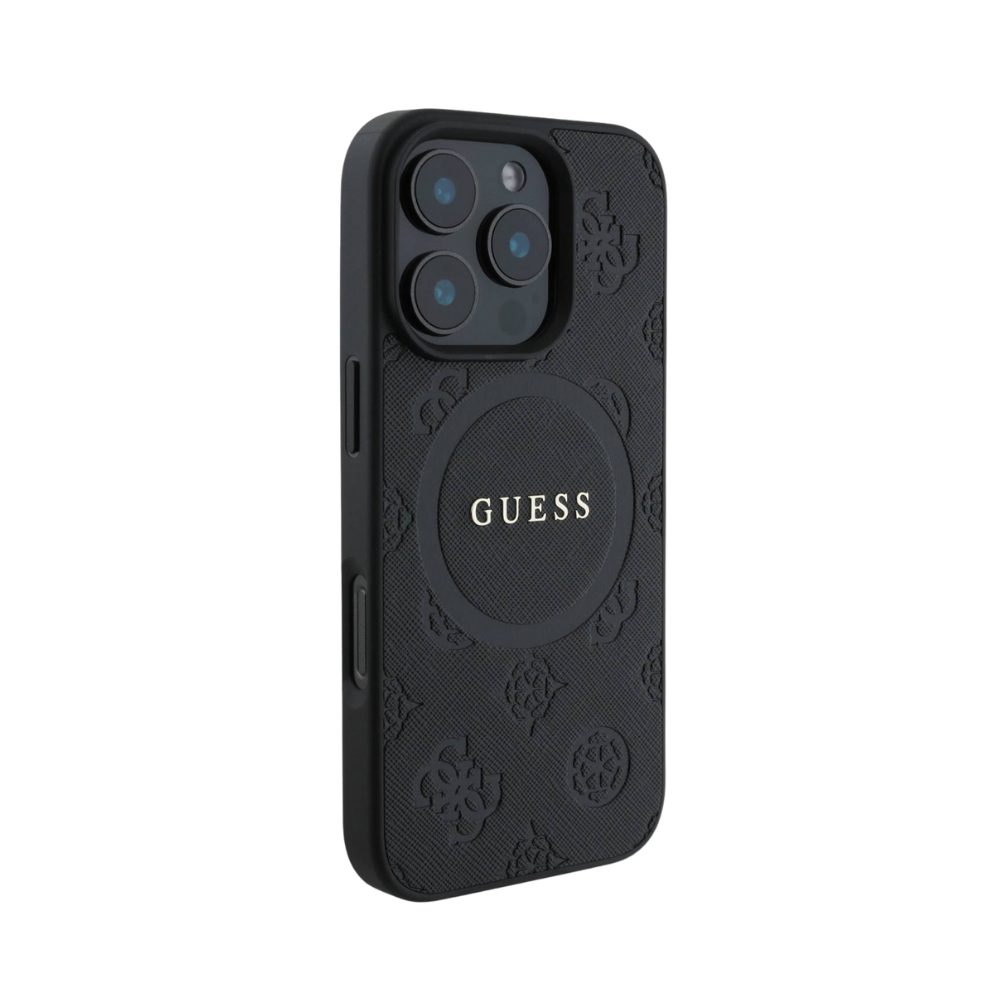 Guess hc magsafe saffiano peony classic logo black iphone 16 pro