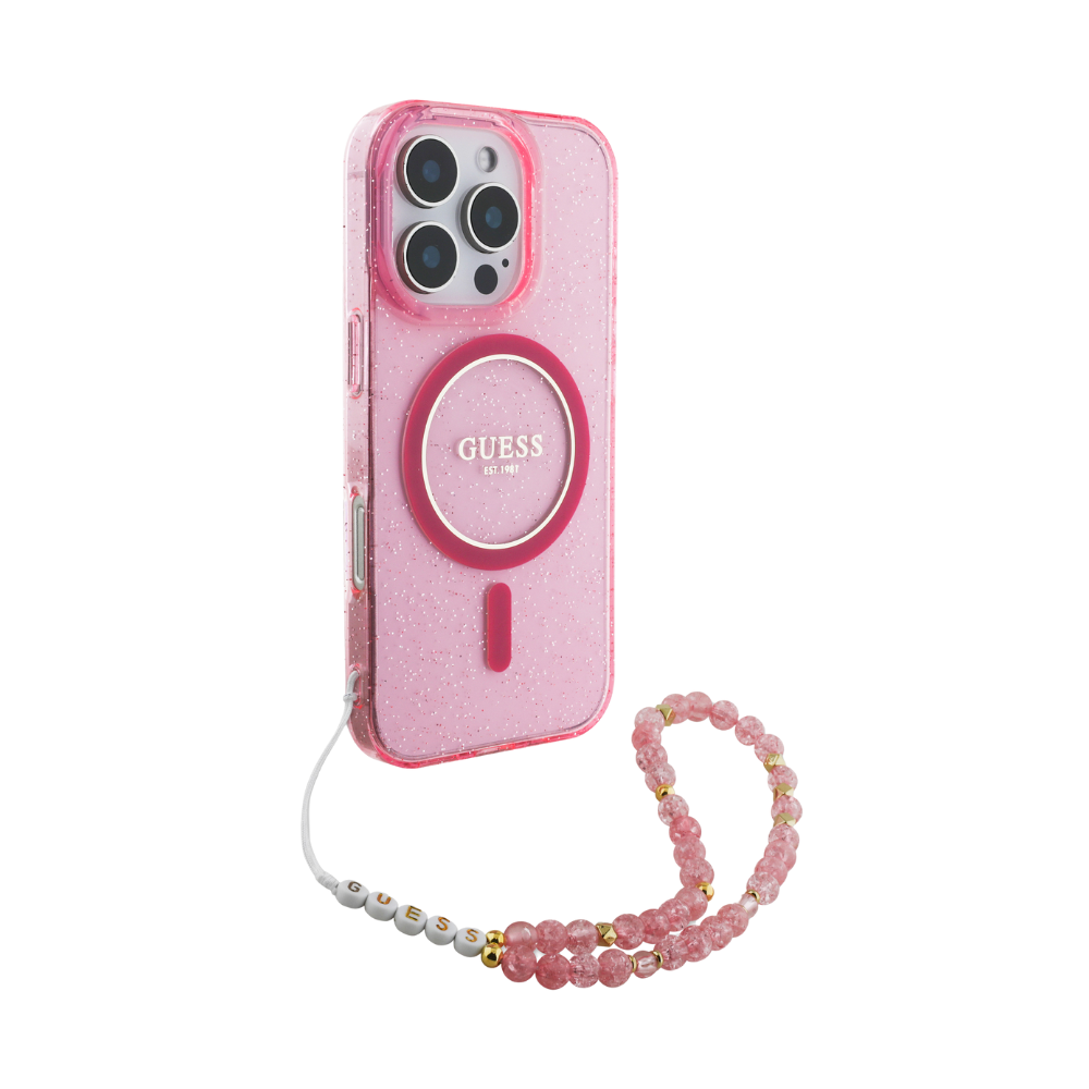 Guess hc magsafe iml glitter with pearl strap pink iphone 16 pro max