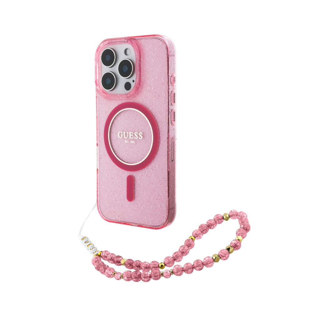 Guess hc magsafe iml glitter with pearl strap pink iphone 16 pro max