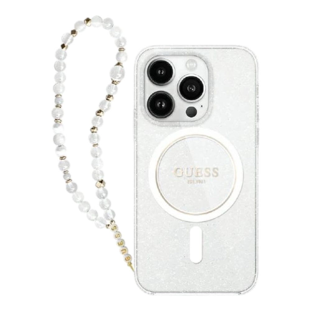 Guess hc magsafe iml glitter with pearl strap transparent iphone 16 pro max