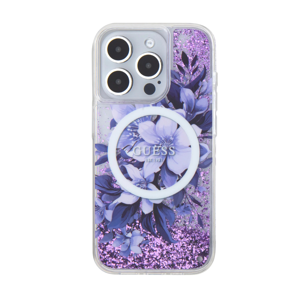 Guess hc magsafe liq. glitter flower purple iphone 16 pro max