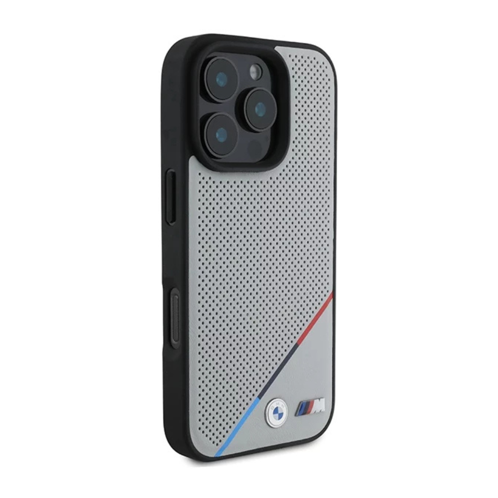 BMW hc m magsafe pu perforated tricolor line grey iphone 16 pro