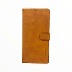 Estuche cartera LC Imeeke color marrón para Samsung A01 con porta tarjetas.