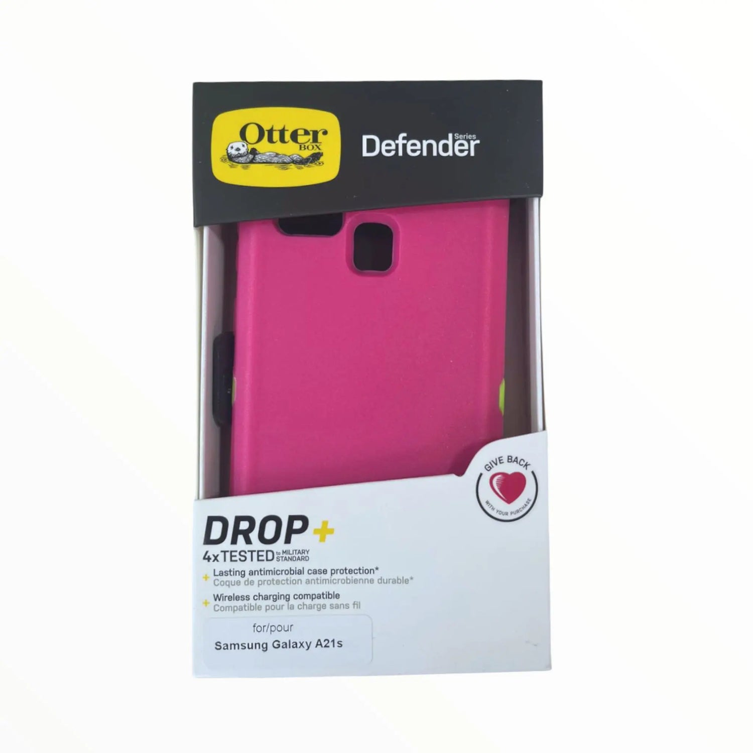 Estuche de protección Otterbox Defender para Samsung A21S en color rosado y verde.