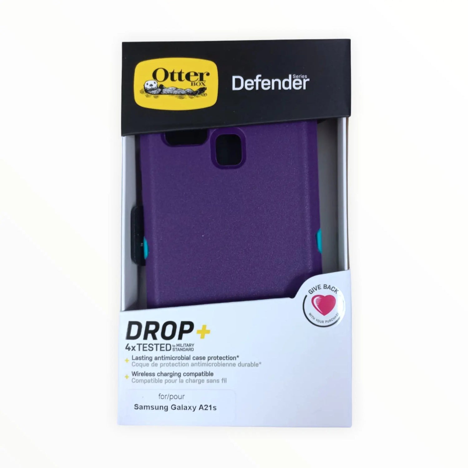 estuche protección OtterBox Defender para Samsung A21S en color morado/turquesa en su empaque.