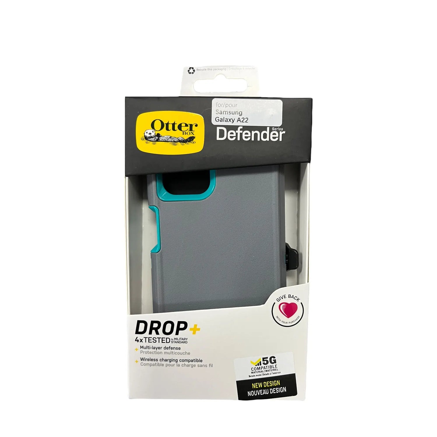 Estuche de protección Otterbox Defender para Samsung A22 color gris y turquesa.