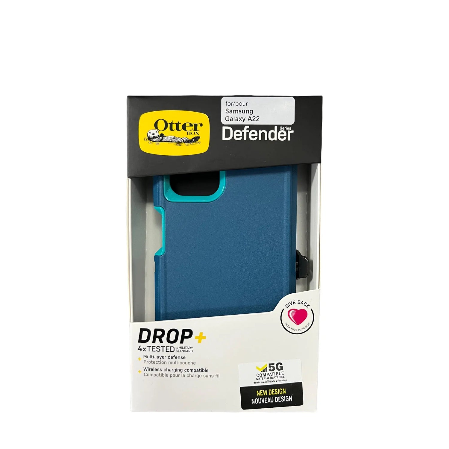 estuche protección OtterBox Defender para Samsung A22 color turquesa en su empaque