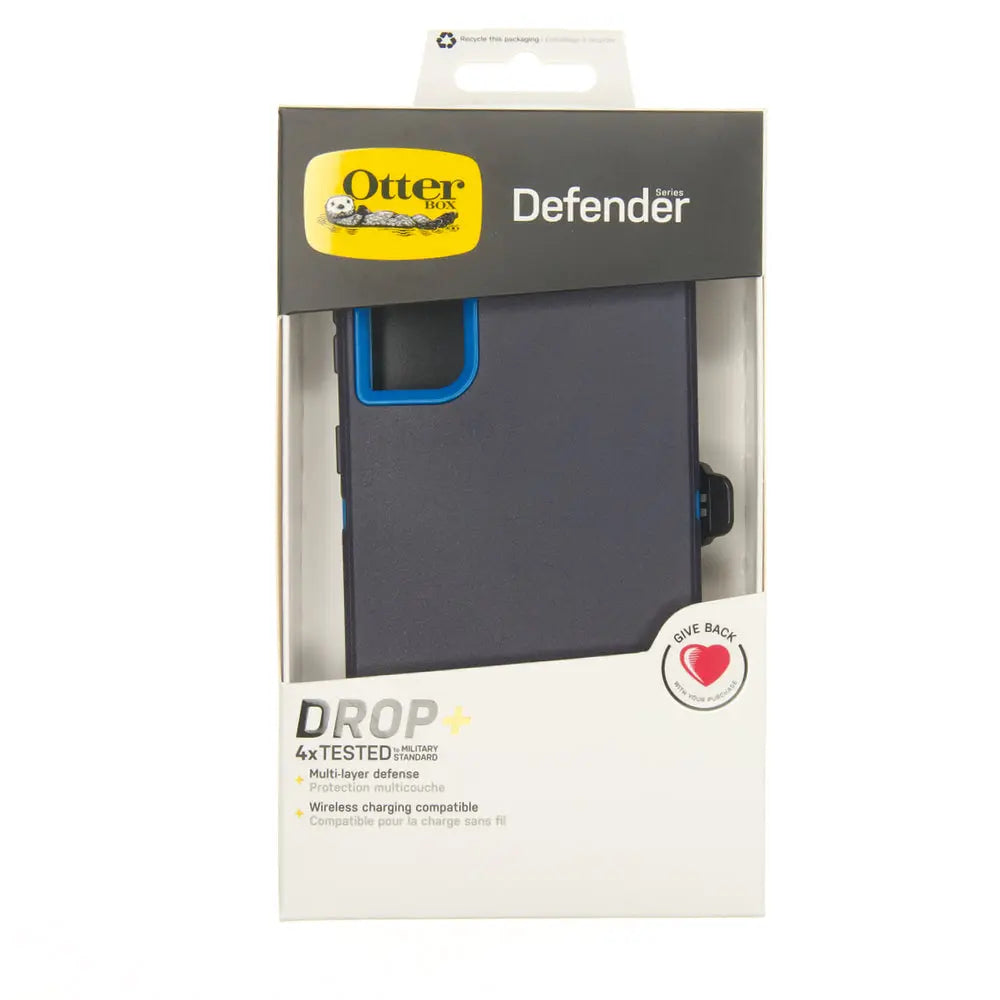 Estuche protector OtterBox Defender azul para Samsung A72 en su empaque.