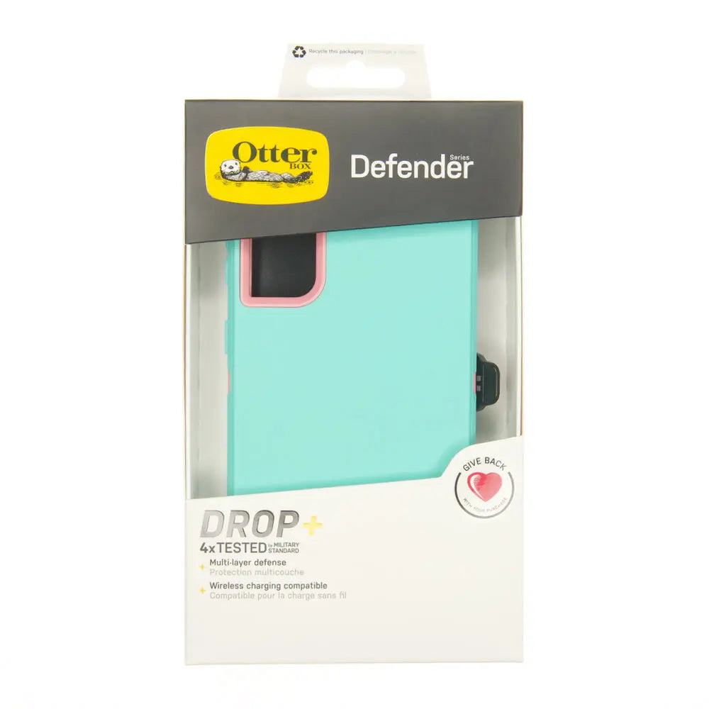 Estuche OtterBox Defender para Samsung A72 en turquesa y rosado, protección superior.