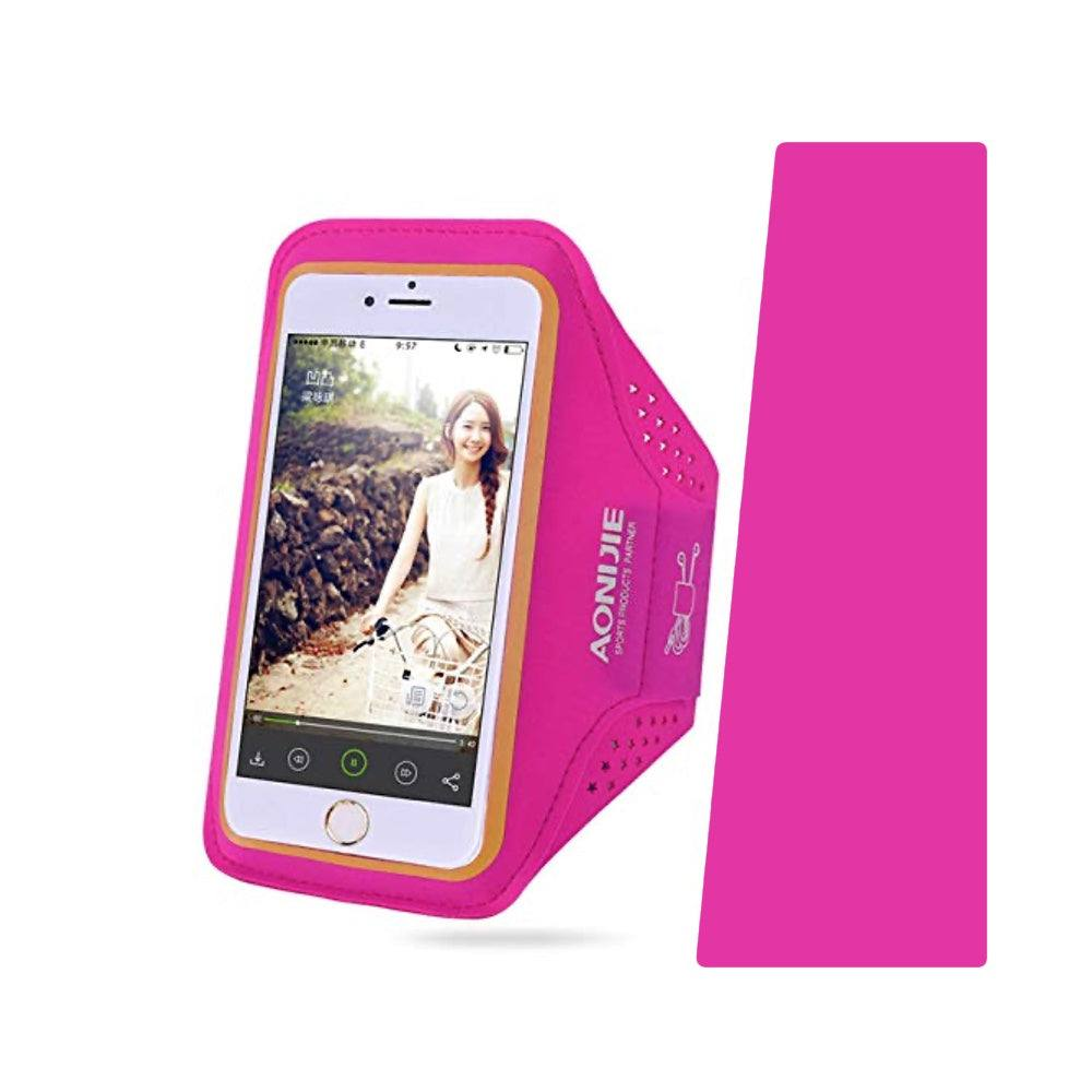 Accesorio Aonijie arm band con porta tarjetas color fucsia, diseño ergonómico, material transpirable.