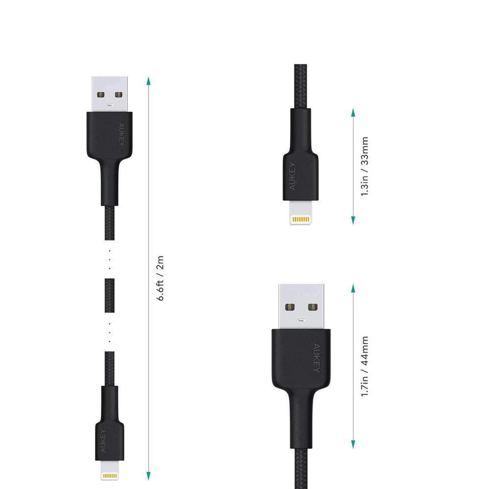 Cable Aukey Adaptador De 2Mts Brained Nylon Usb A A Lightning Color Negro