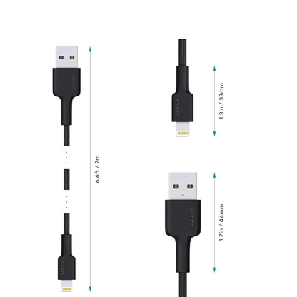 Cable Aukey Adaptador De 2Mts Brained Nylon Usb A A Lightning Color Negro