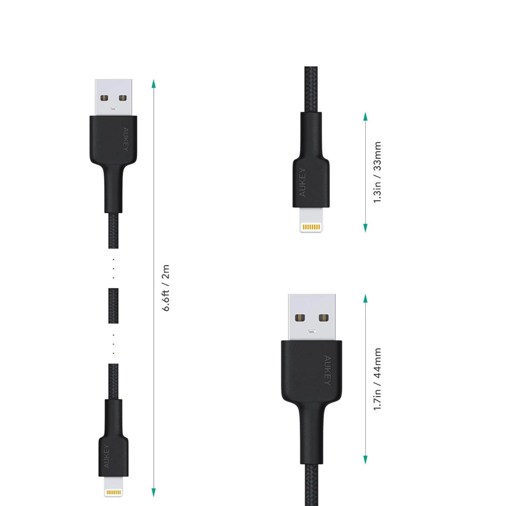 Cable aukey adaptador de 2mts brained nylon usb a a lightning color negro